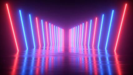 Neon tunnel going into perspective, abstract neon futuristic background - 3D Illustration