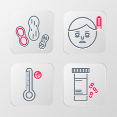 Set line Medicine bottle and pills, Medical digital thermometer, Fatigue and Peanut icon. Vector