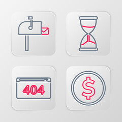 Set line Coin money with dollar, Page 404 error, Hourglass and Open mail box icon. Vector