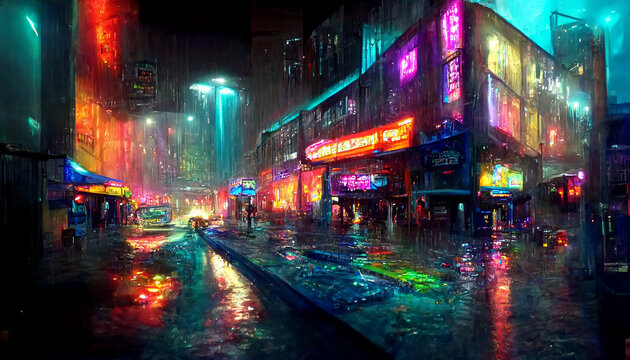 Rainy fFFoggy night on a street of a cyberpunk city. Huge neon skyscrapers. Wet asphalt reflecting glowing neon light. Generative Ai