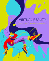 A young man in virtual reality glasses is levitating in the air. Banner or cover template. Modern vector illustration.