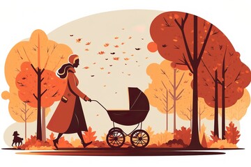 Woman walking with baby carriage in autumn. Generative AI