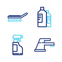 Set line Water tap, Spray bottle with detergent liquid, Bottles for cleaning agent and Brush icon. Vector