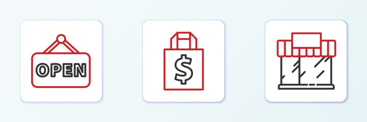 Set line Shopping building or market store, Hanging sign with Open and Shoping bag and dollar icon. Vector