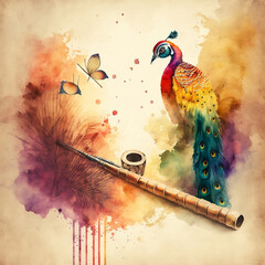 white background with peacock and a flute