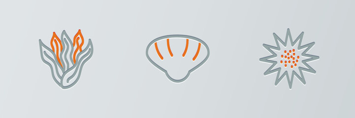 Set line Sea urchin, Seaweed and Scallop sea shell icon. Vector