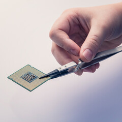 Technician fixing computer. Repair and upgrade concept of laptop. Workshop background