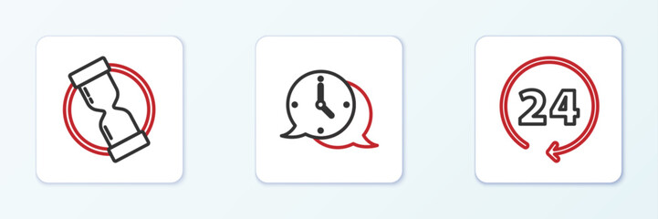 Set line Clock 24 hours, Old hourglass and speech bubble icon. Vector