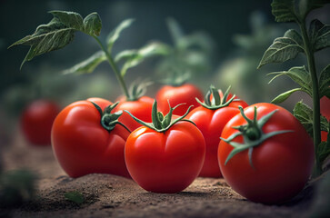 Freshly picked healthy red tomatoes lying on the ground