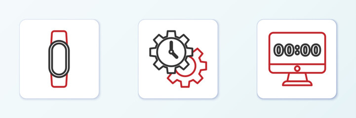 Set line Clock on monitor, Smartwatch and Time Management icon. Vector