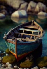 Obraz premium An old wooden boat moored to the shore. Ai generative