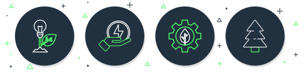 Set line Lightning bolt, Leaf plant gear machine, bulb with leaf and Christmas tree icon. Vector