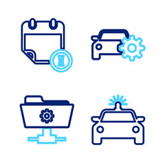 Set line Police car and flasher, FTP settings folder, Car service and Calendar clock icon. Vector