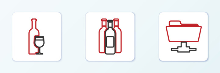 Set line FTP folder, Wine bottle with glass and Bottles of wine icon. Vector