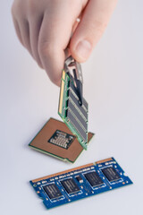 Technician fixing computer. Repair and upgrade concept of laptop. Workshop background