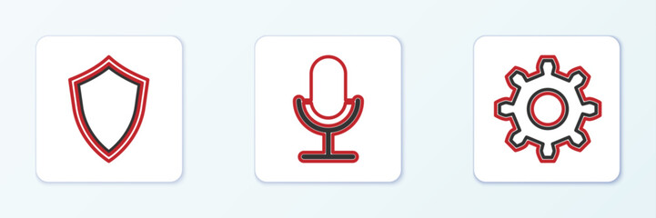 Set line Cogwheel gear settings, Shield and Microphone icon. Vector