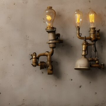 Old, antique oil lamps on tiles with concrete wall background. Vintage house appliances - generative ai