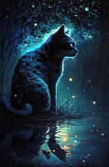 Cat silhouette, night landscape, starry sky. Generative AI.