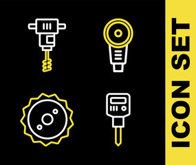 Set line Angle grinder, Construction jackhammer, Circular saw blade and Electrical hand concrete mixer icon. Vector