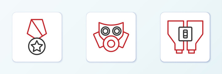 Set line Binoculars, Military reward medal and Gas mask icon. Vector