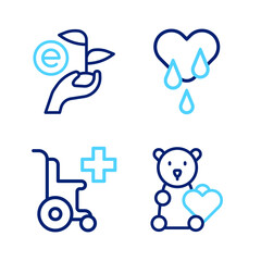 Set line Donate child toys, Wheelchair for disabled person, Blood donation and Leaf in hand icon. Vector