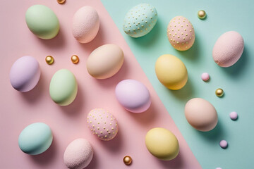 Pastel Easter eggs on pink background top view. Flat lay style - created with AI