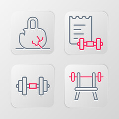 Set line Bench with barbell, Dumbbell, Sport training program and Broken weight icon. Vector