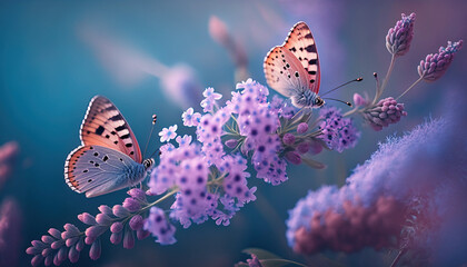 Purple lavender flowers and butterflies. Soft focus. Macro. Close-up. Generative AI.
