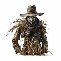 Detailed illustration of a scary creepy scarecrow in a corn field isolated on a white background, generative ai - obrazy, fototapety, plakaty