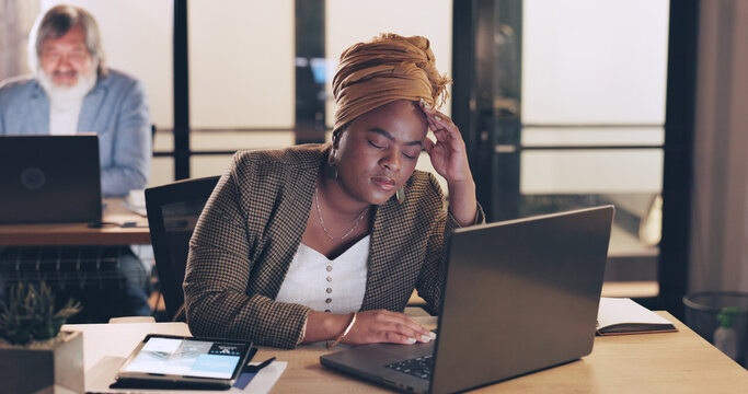Business, stress and black woman in office, night and overworked. African American female, employee and administrator with depression, tired and burnout for deadline, online schedule and anxiety.