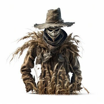 Detailed illustration of a scary creepy scarecrow in a corn field isolated on a white background, generative ai