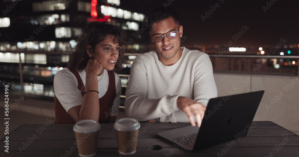 Poster laptop, collaboration and night with a business team working together on balcony in the city. teamwo