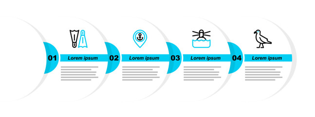 Set line Bird seagull, Lighthouse, Location with anchor and Flippers for swimming icon. Vector