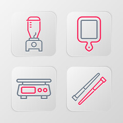 Set line Food chopsticks, Electronic scales, Cutting board and Blender icon. Vector