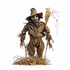 Detailed illustration of a scary creepy scarecrow in a corn field isolated on a white background, generative ai