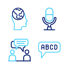 Set line Alphabet, Two sitting men talking, Microphone voice device and Learning foreign languages icon. Vector
