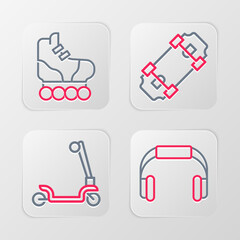 Set line Headphones, Roller scooter, Skateboard and skate icon. Vector