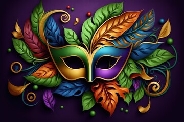 Holidays image of mardi gras masquarade, venetian mask and fan over purple background. view from above