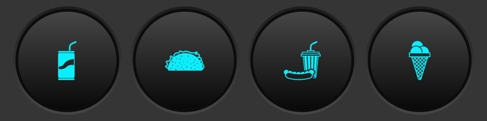 Set Soda can with drinking straw, Taco tortilla, and hotdog and Ice cream waffle cone icon. Vector