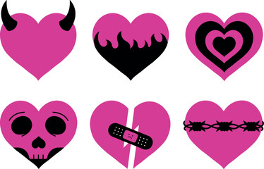 Y2k emo gothic hearts stickers, Aesthetic nostalgic 2000s goth girly elements - obrazy, fototapety, plakaty