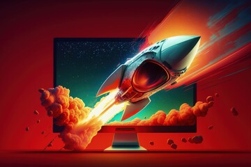 Rocket on computer monitor screen, startup concept, red background. Generative AI