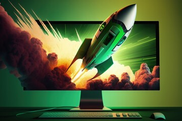 Rocket on computer monitor screen, startup concept, green background. Generative AI