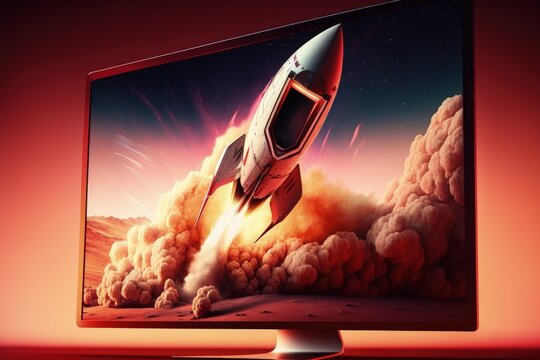 Rocket on computer monitor screen, startup concept, gradient background. Generative AI