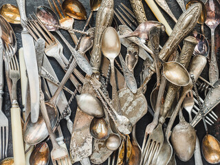 Vintage tableware lying on the table. Close-up, view from above. Tasty and healthy eating concept