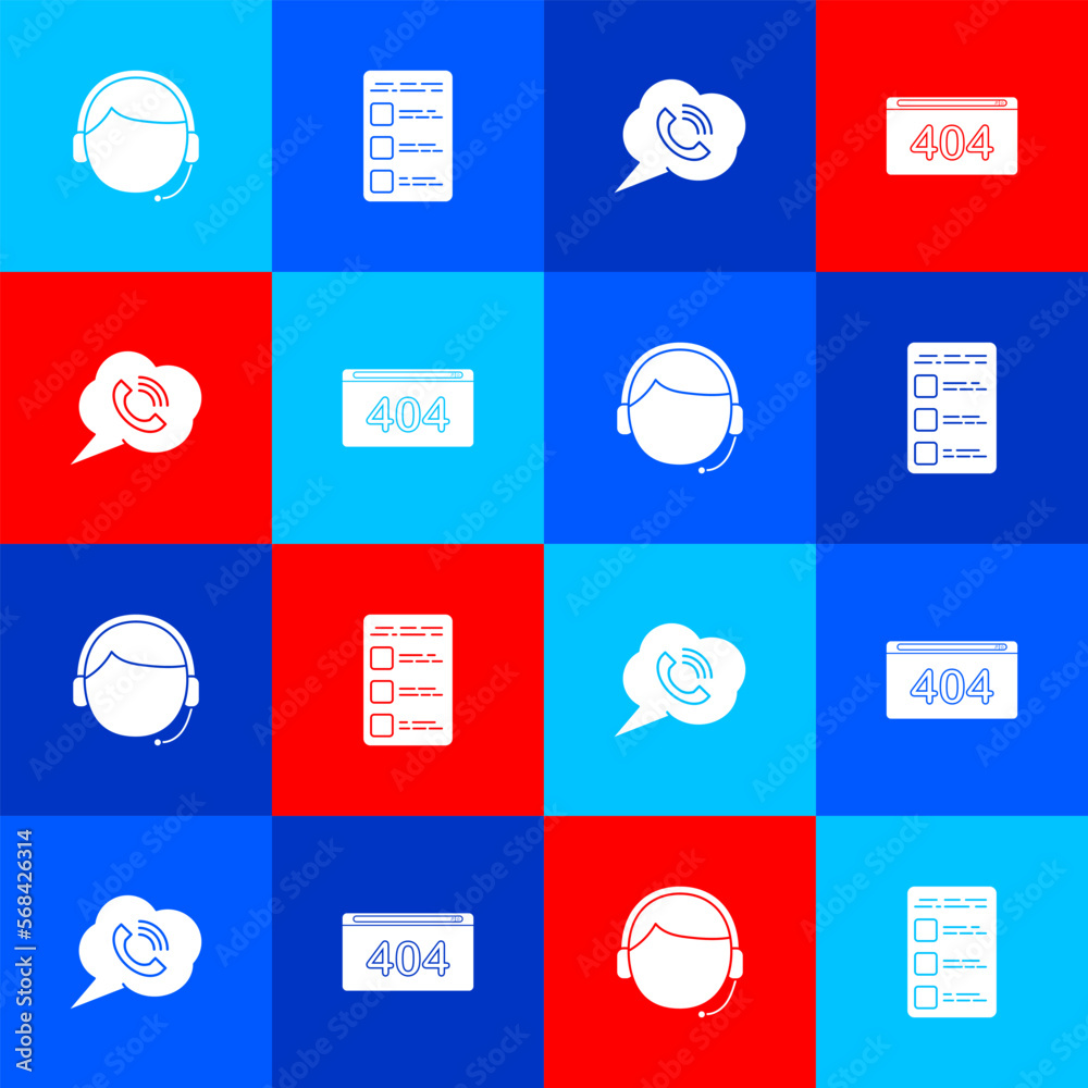 Poster set man with a headset, create account screen on mobile, speech bubble phone call and page 404 error