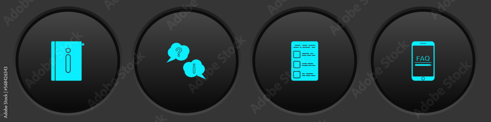Poster set user manual, question and exclamation, create account screen mobile and mobile with faq informat