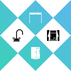 Set Water tap, Shower cabin, Wooden table and Window with curtains icon. Vector
