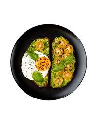 Rye toast with mashed avocado and poached egg on on black plate on isolated png background