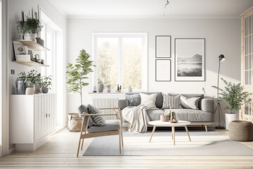 Fototapeta premium Large bright living room in minimal style - AI generative