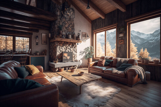 Living room in wood and stone in a mountain house - AI generative © Giordano Aita